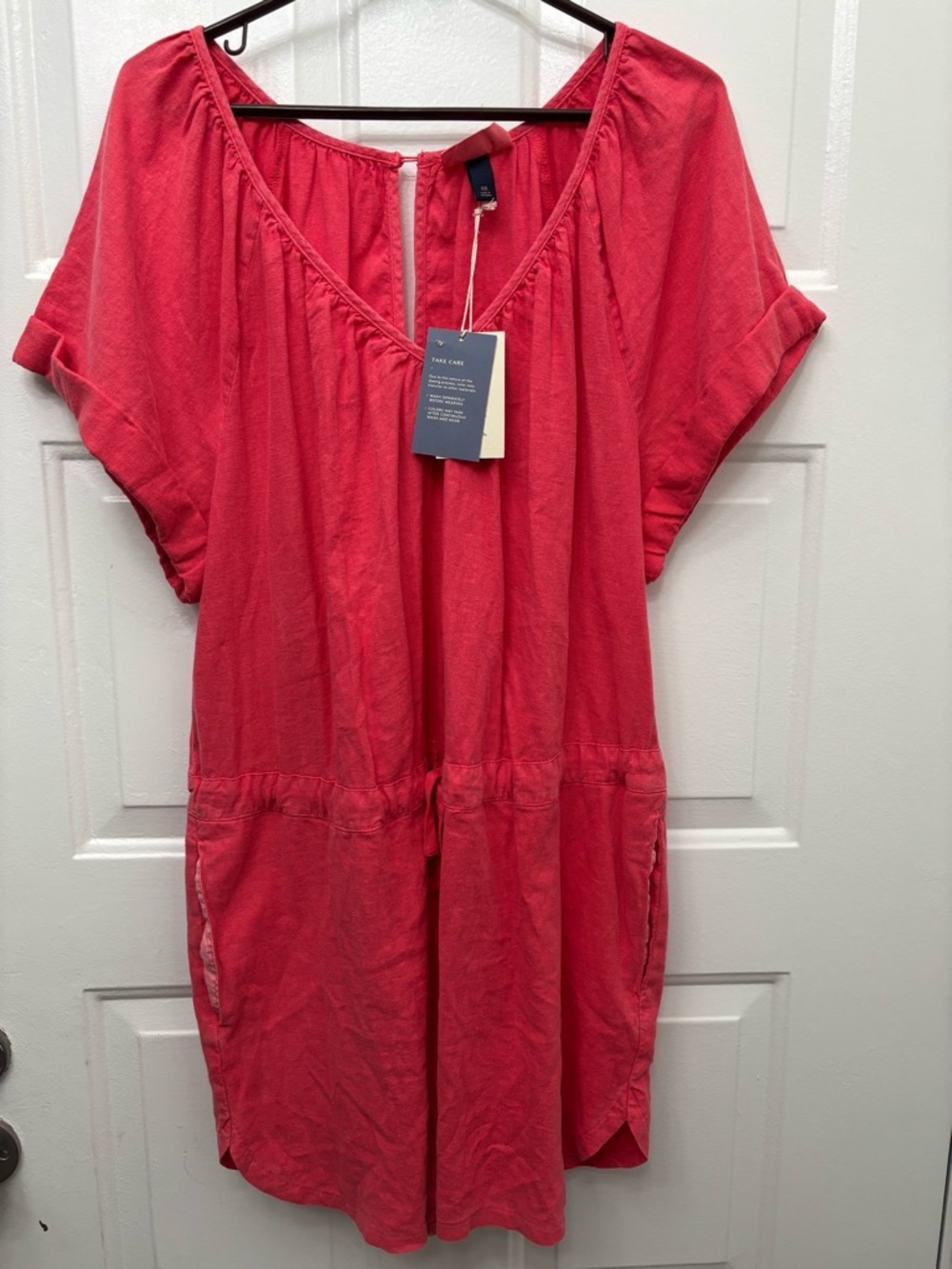 Universal Thread Linen/Rayon Blend Coral Red Short-Sleeve Romper